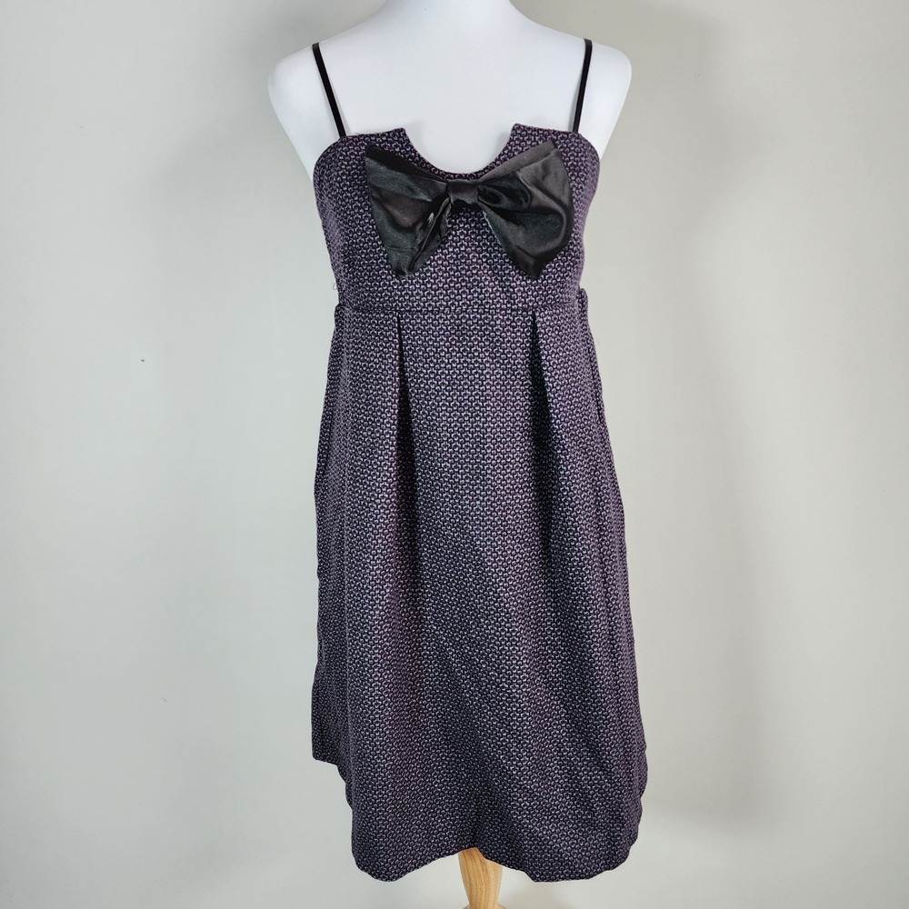 Button Bow Front Wool Blend Dress Womens Medium Purple Tweed Smocked Strappy